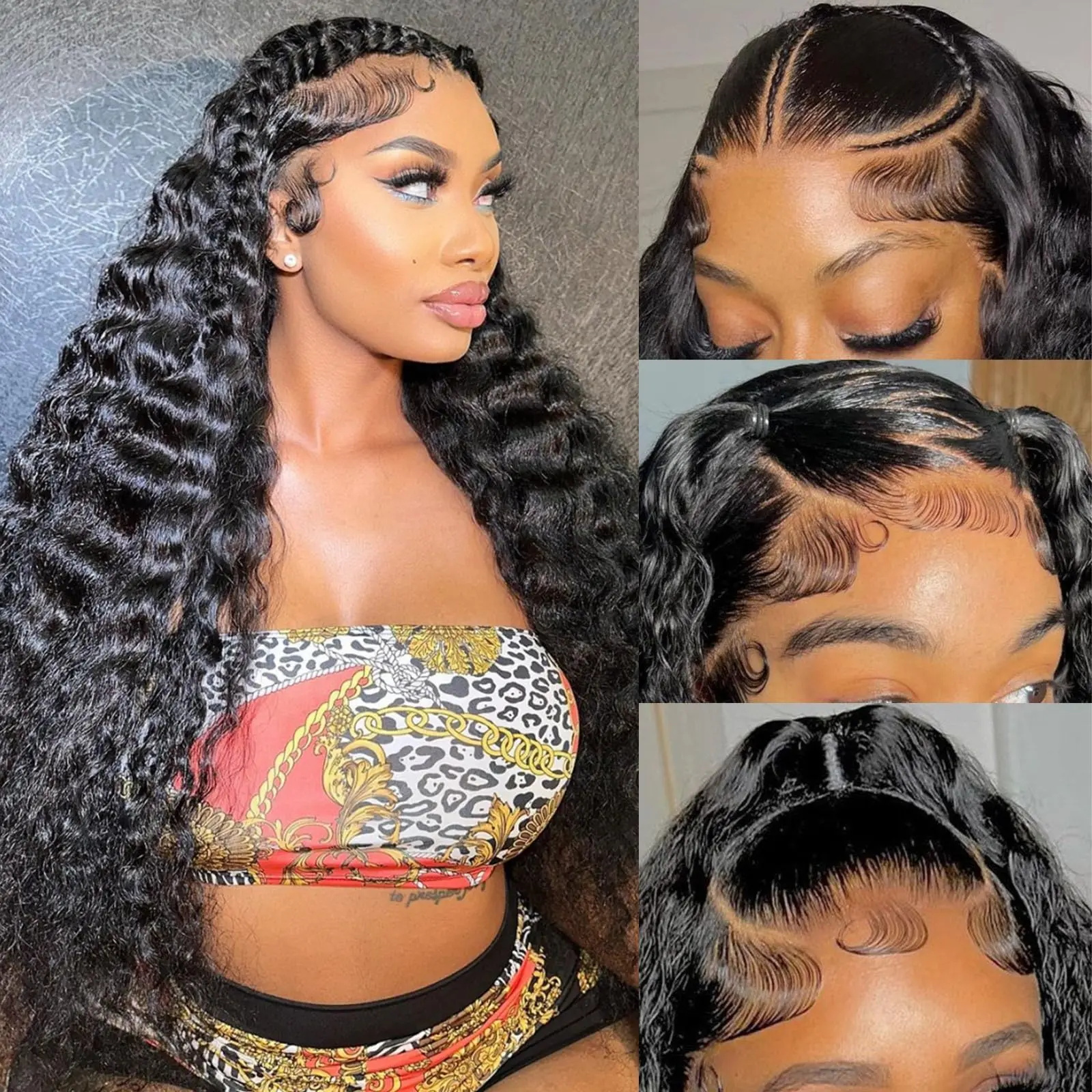 

13x4 Deep Wave Lace Front Wigs Human Hair Pre Plucked 180 Density Transparent Wig Wet And Wavy Curly Glueless Wigs Natural Black