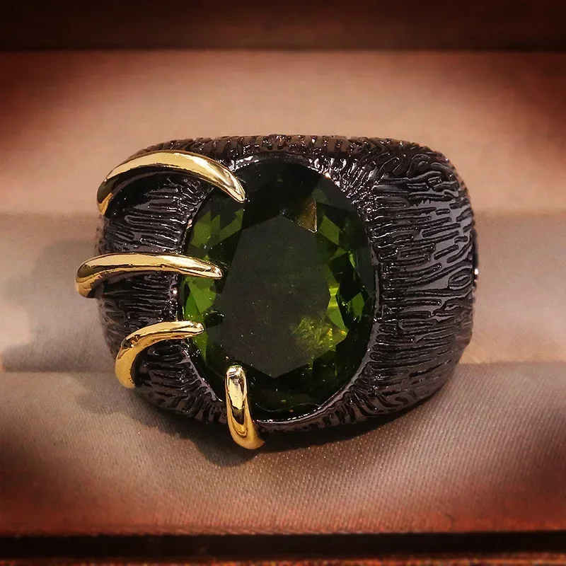 Fashion Black Gold Color Irregular Claw Men Ring Women Set Big Olive Green Cz Crystal Ring Party Wedding Retro Jewelry