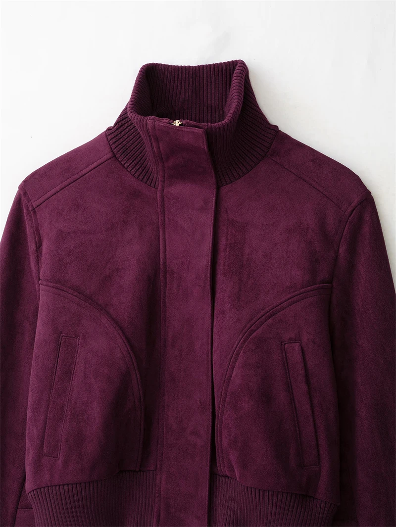 Guobioziy 2026 Spring Autumn Women Ribbed High Collar Cropped Jacket Zip Front Stereo Pockets Rib Cuffs Hem Casual Outer Coat