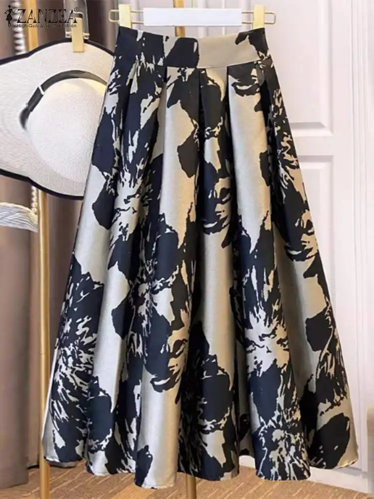 ZANZEA Vintage Floral Print Skirts Women Elegant Satin Pleated Faldas 2024 Summer Office Midi Jupe Luxury Holiday Female Skirts