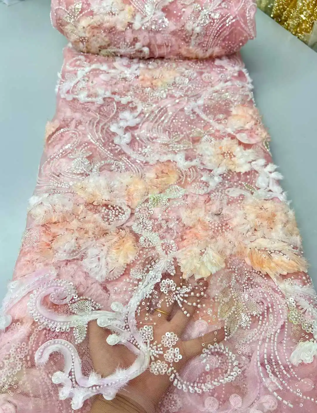 Bule African Sequins Pearls Lace Fabric 2026 High Quality French Heavy Beaded Tulle Lace Fabric Nigeria For Bridal Party Dress