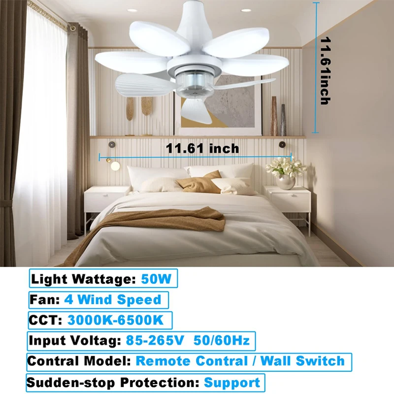 Imagem -03 - Ventiladores de Teto com Lâmpada Led com Luz e Controle Remoto Ventilador de Soquete Regulável Luz para Quarto Sala de Estar Cozinha E27 50w