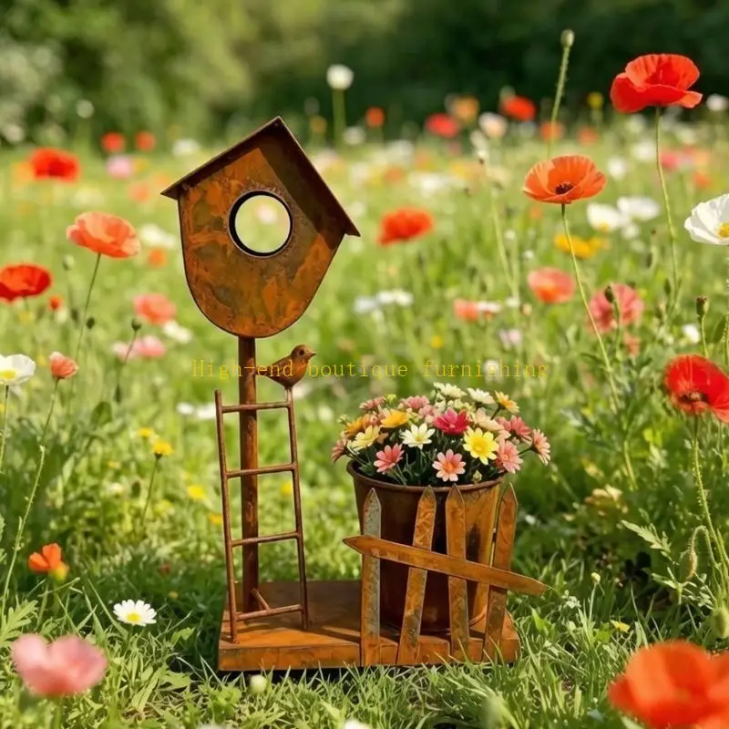 L9NB Metal Flower Pot Base with Cottage Roof Ladder Trim, and Brown Finish for Balcony Porch Outdoor Use, Approx. 12.4 x 7.1 In.