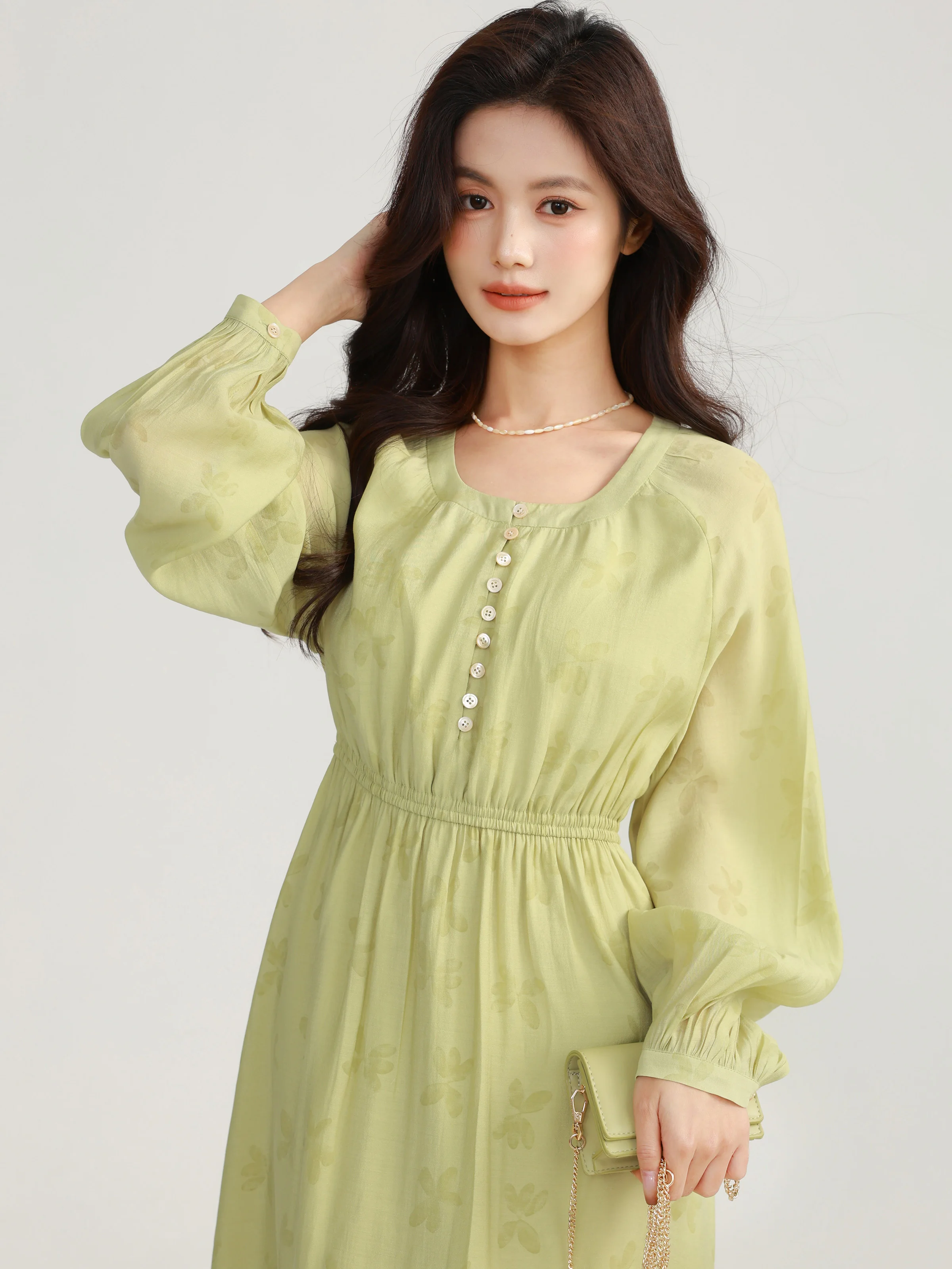 Blumen-Chiffon-Kleid mit U-Ausschnitt, hohe Taille, lockeres Kleid, lässiges Frühlings-langes Kleid, Schulterausschnitt, Ärmel, schlankmachendes A-Linien-Design für Damen