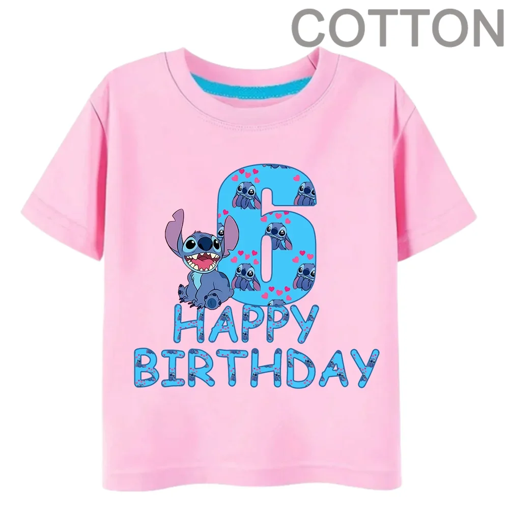 Camiseta rosa de Lilo Stitch para niños, playera con número 1-14, ropa informal Kawaii para niño y niña, camisetas de dibujos animados de Anime para niños