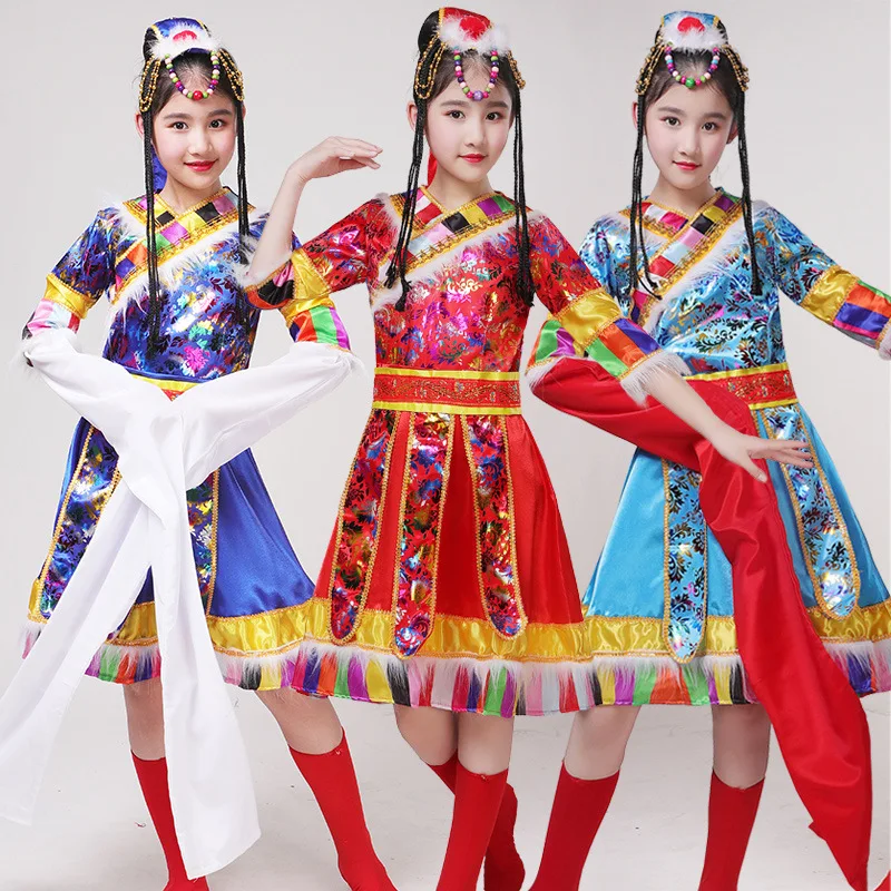 Fashion new children Tibetan dance performance costumes girls minority Chinese ethnic Tibetan Zhuoma performance costumes