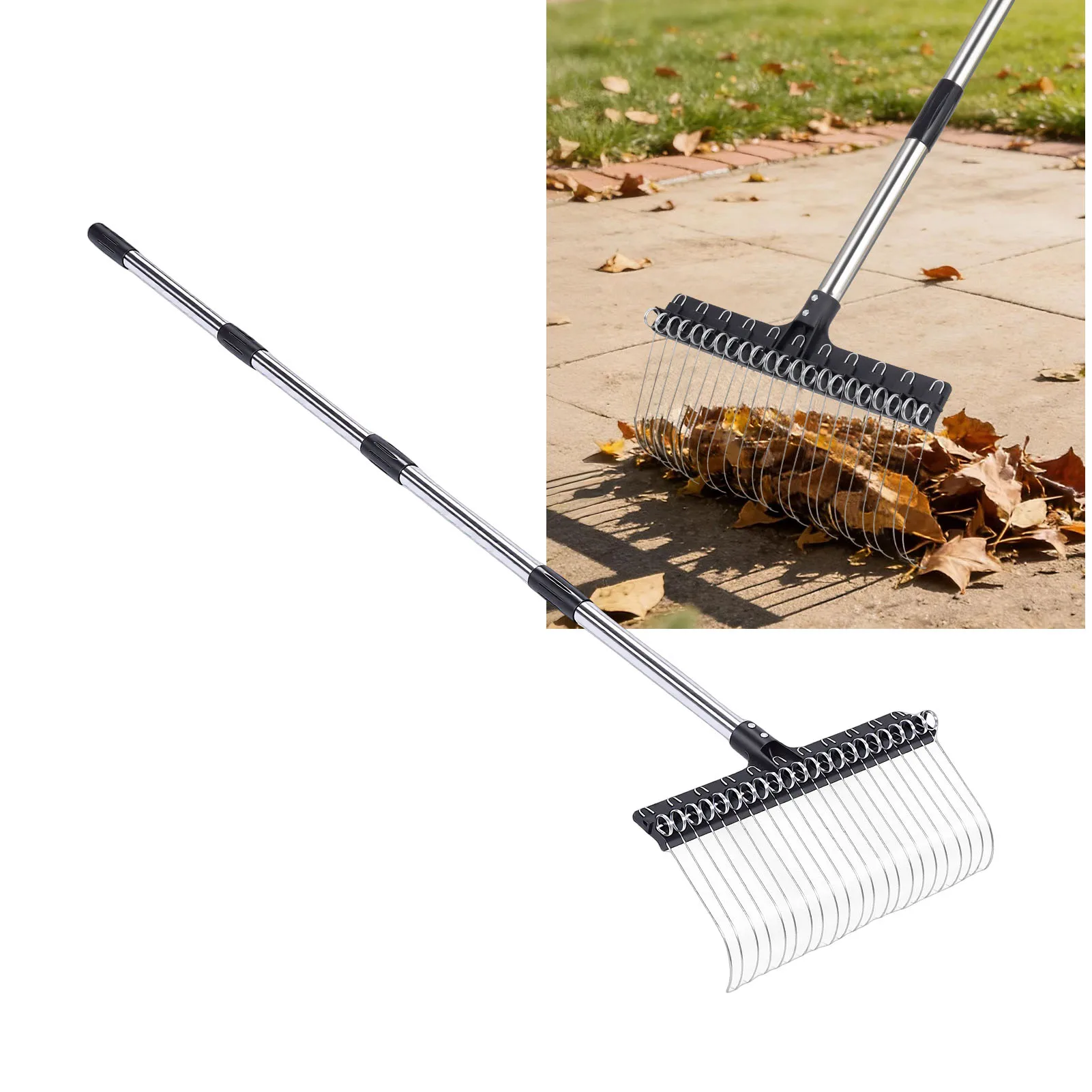 

Rake for Leaves 22 Tines 16.3 Inch Wide Steel Wire Garden Rake with 5.2FT Long Handle for Lawn Yard Mulch Thatch Lawn Rake