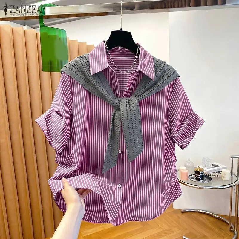 ZANZEA Women Summer Blouse Fake 2 Pieces Stylish Striped Patchwork Shirt Casual Baggy Work Tops Lapel Neck Short Sleeve Blusas