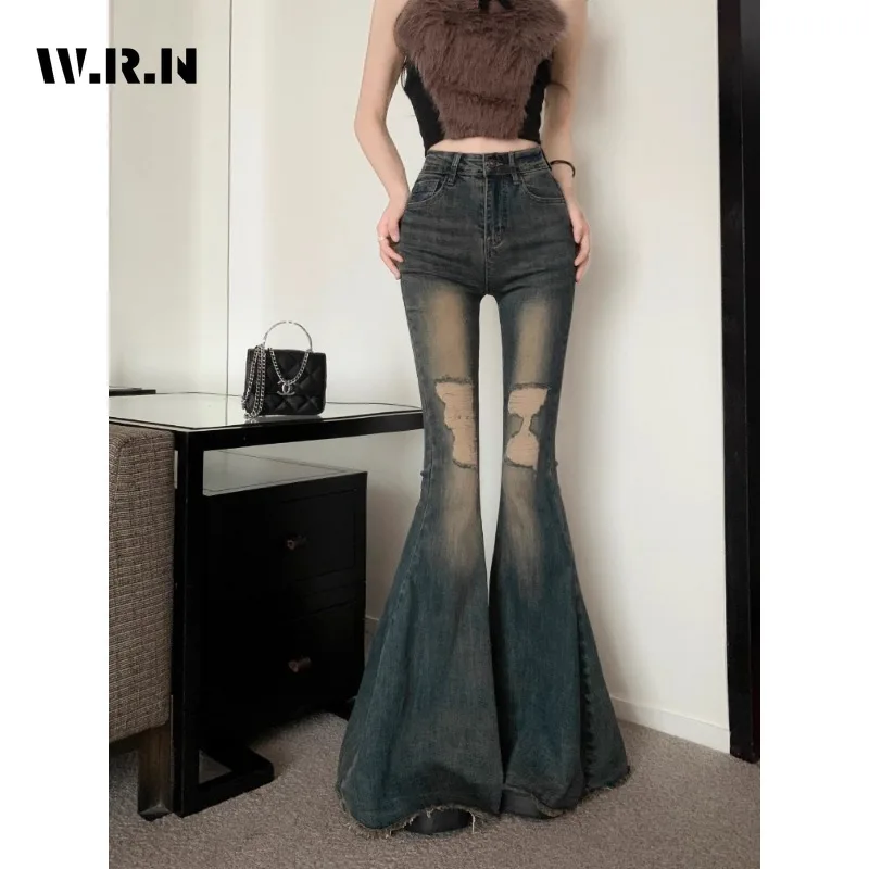 2024 Summer Harajuku Sheath Flared Jeans Women's Vintage Slim Street Ripped Denim Trouser Female High Waist Retro Y2K Pants