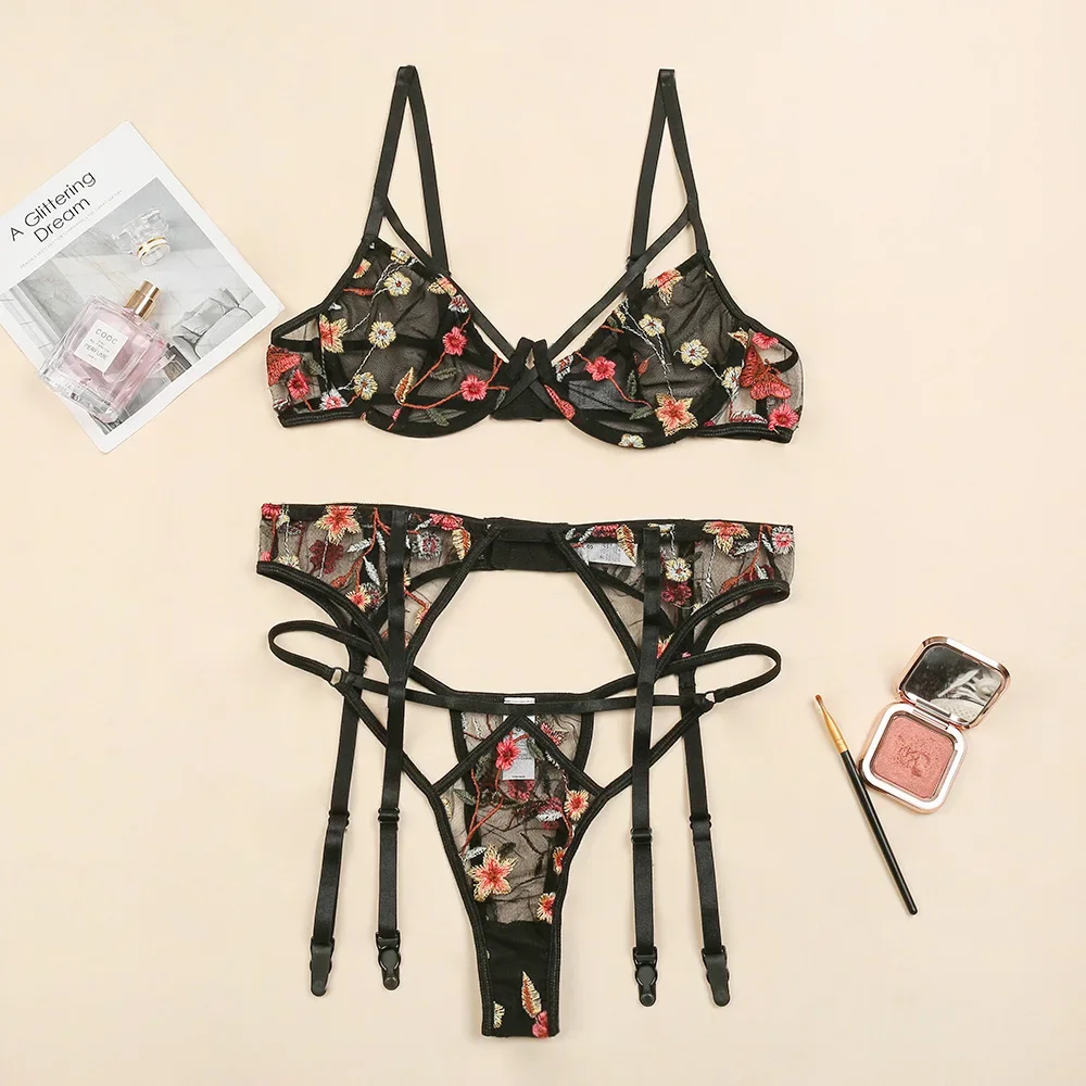 Conjunto de roupa íntima de malha de borboleta bordada sexy para mulheres, conjunto de sutiã e tanga meio transparente, conjunto de roupa íntima de 1 flor