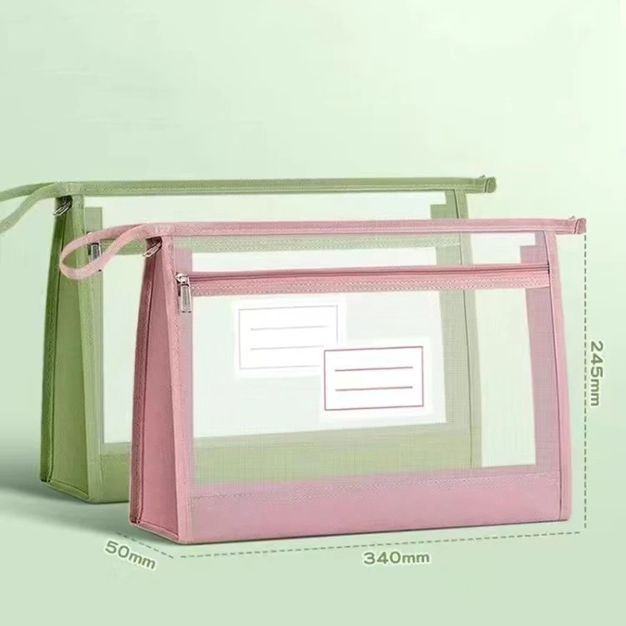 Grande organizer in rete trasparente A4 con doppia cerniera - Spaziosa borsa portaoggetti portatile fatta a mano
