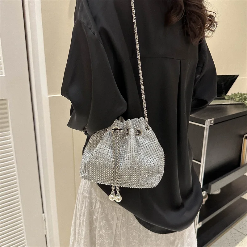 Drawstring Shoulder Bag Shiny Chain Crossbody Bag Fashion Bucket Bag Urban For Shopping Styling Accessory Date