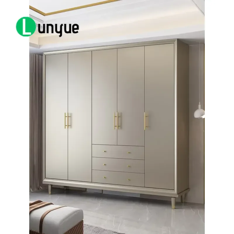 Light Luxury Solid Wood Wardrobe Modern Simple American Style Large Integrated Swing Door Closet with Metal Handle for