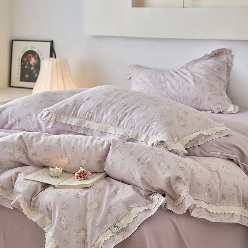 Vintage French Country Rustic Style Floral Bedding Set 100% Cotton Double Layer Crinkle Yarn Duvet Cover Bed Sheet Pillowcases