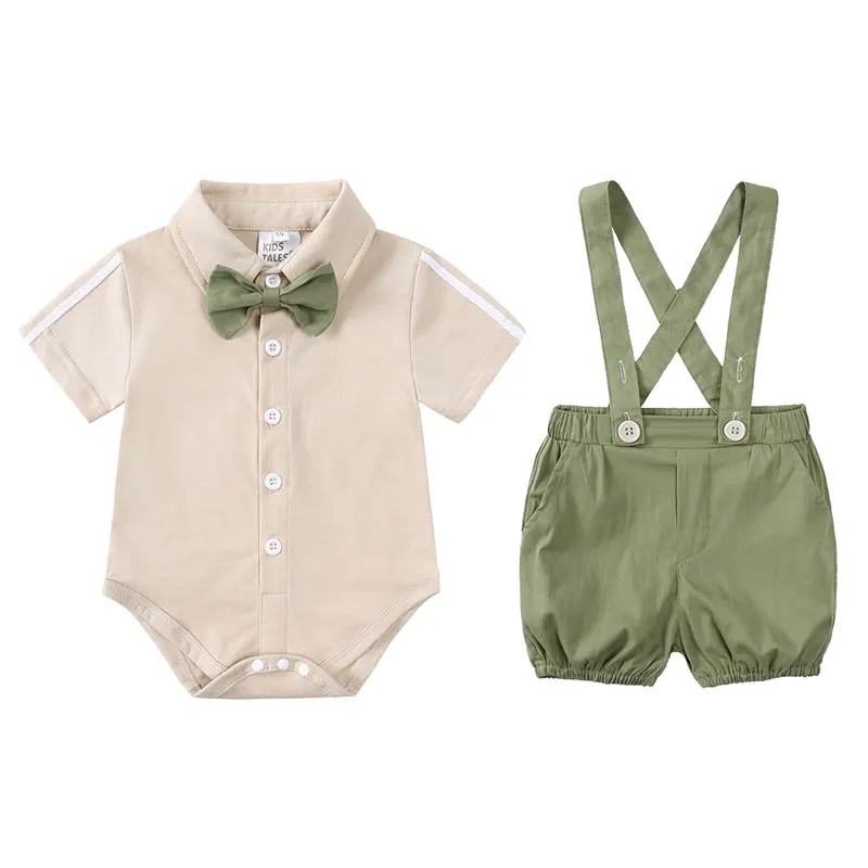 

Summer Clothes for Boys Cotton Short Sleeve Romper Strap Shorts 2PCS England Style Baby Boys Outfit Set 3-24 Months