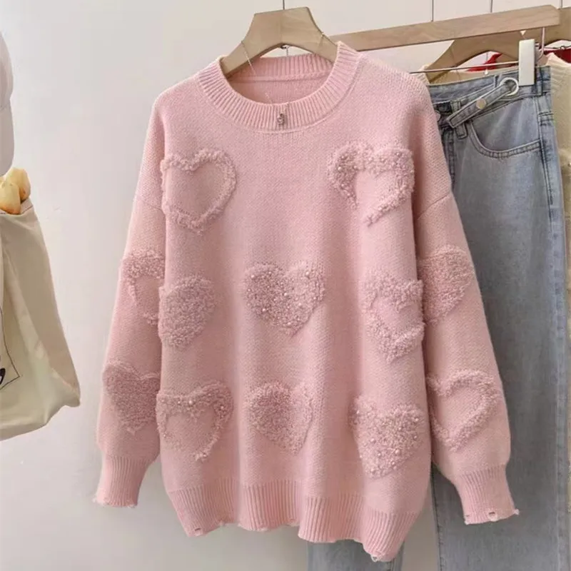 

Korejpaa Beaded Love Plush Sweater Women 2024 Autumn Winter Versatile Knitted Pullover Outwear Gentle O Neck Warm Pull Femme