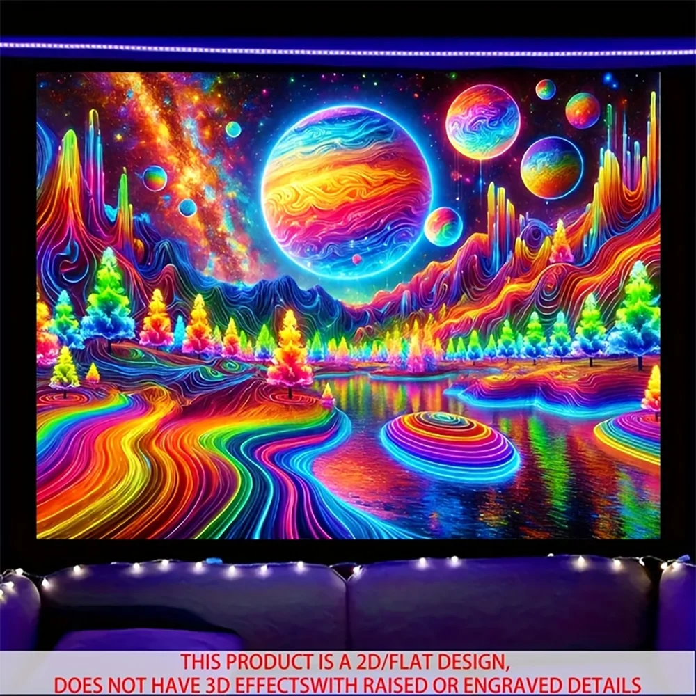 Neon Psychedelic Galaxy Forest Tapestry UV Black Light Trippy Space Mountain River Wall Hanging for Room Decor