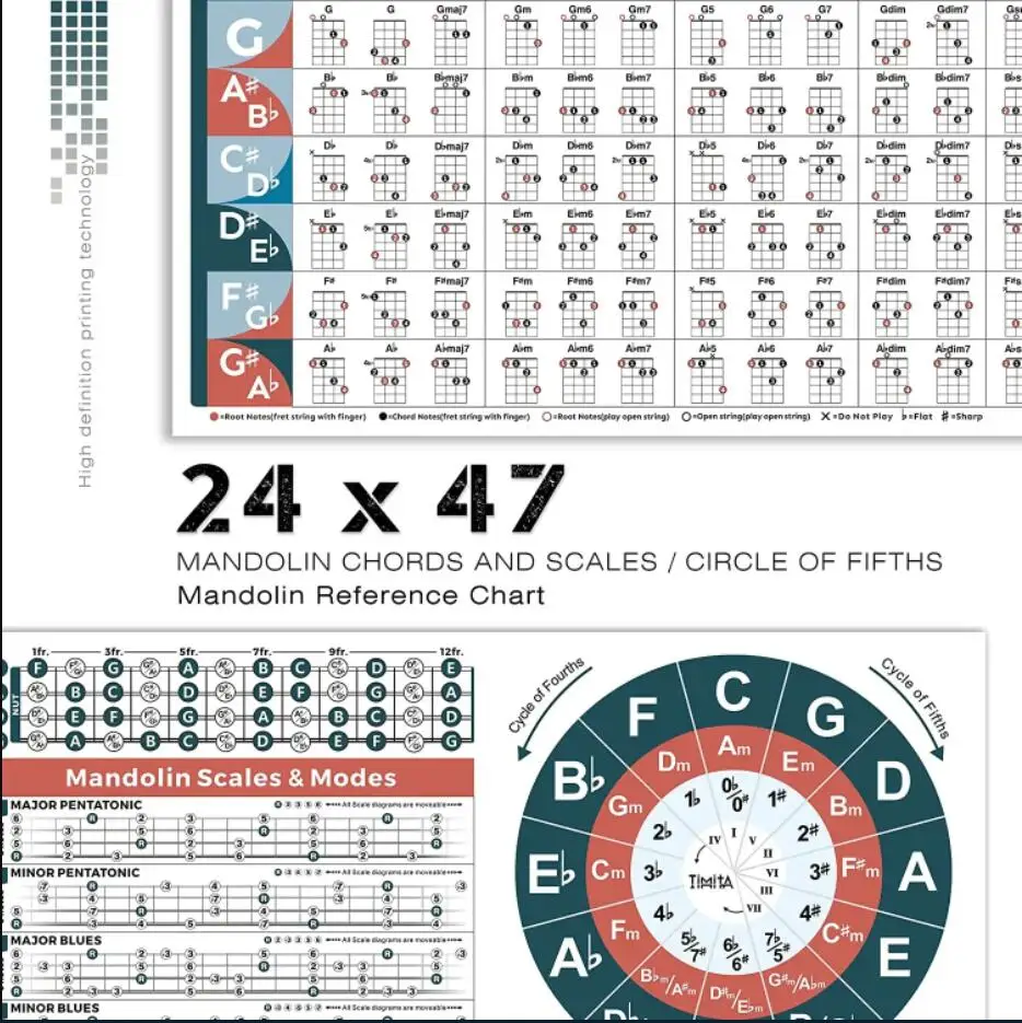 Mandolin Chord Chart Laminated of Popular Chords Scales Fretboard Notes and Circle of Fifths Wheel Easy to Learn for Beginners