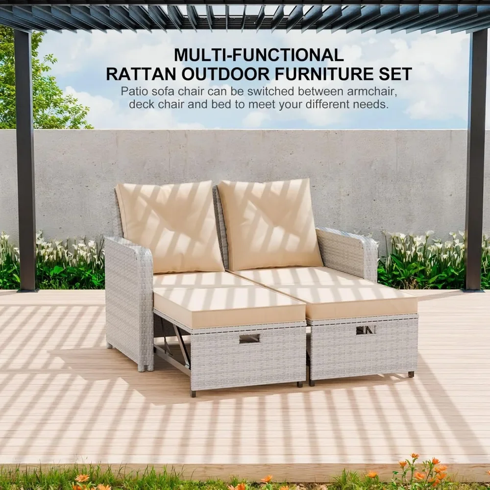 Outdoor Patio Loveseat Sofa: 2 Seats PE Rattan Convertible Patio Furniture Sets Wicker Waterproof Cushion Outdoor Sofa Bed