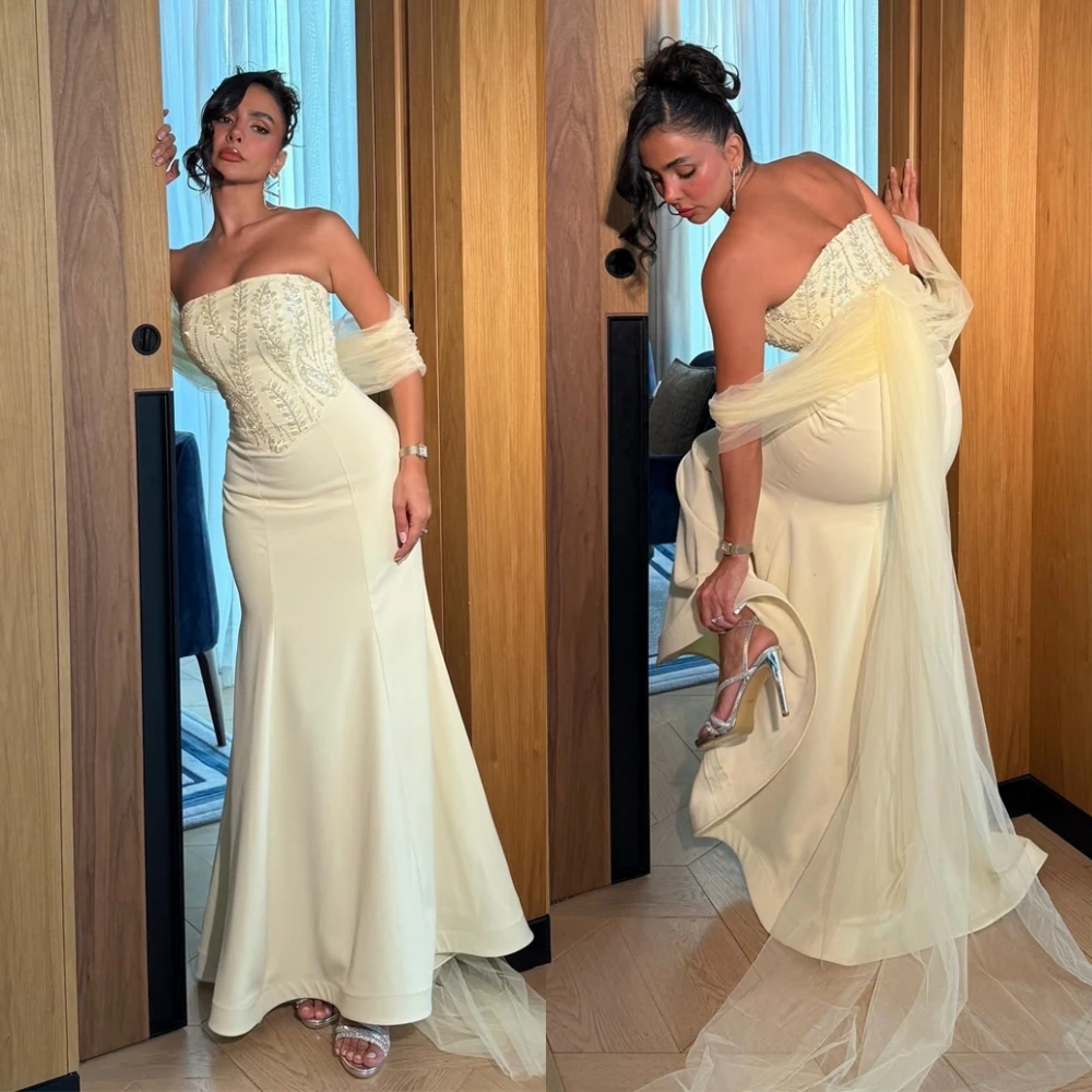 

Нежное белое трикотажное вечернее платье по индивидуальному заказу, элегантное изящное коктейльное платье без бретелек без рукавов, классическое платье для выпускного вечера