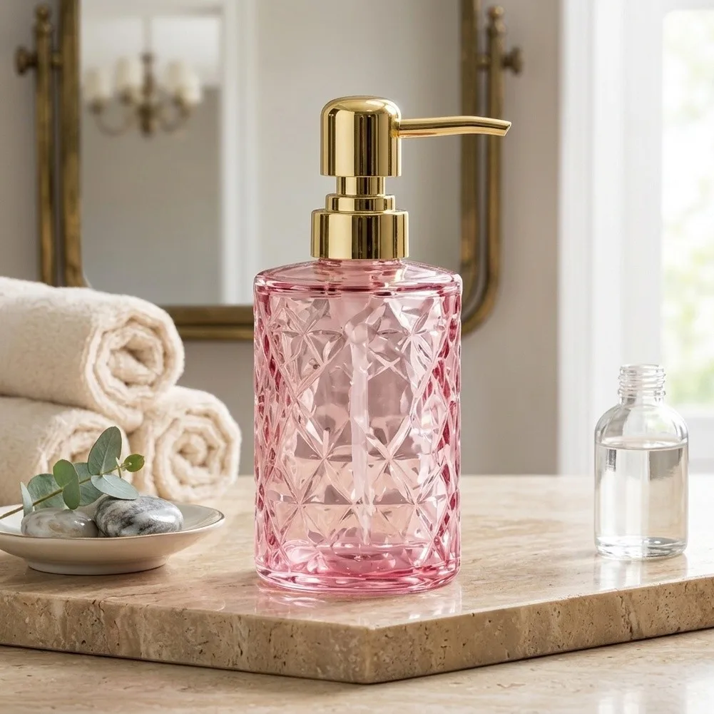 Glass Soap Dispenser Set Designed for Stability on Smooth Surfaces with Non-Slip Base Geometry and Centered Weight Distribution