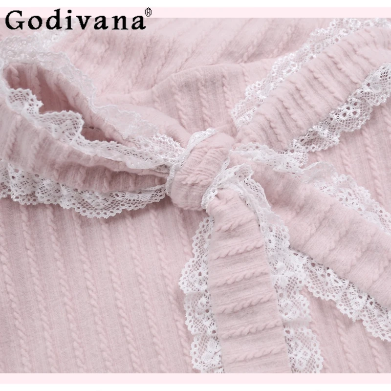 Doce fora do ombro vestido de cintura fina para as mulheres outono inverno rosa malha vestido longo feminino estilo japonês bonito bodycon vestido