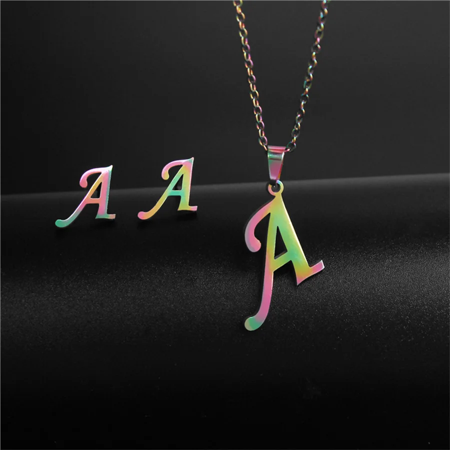 NEW Stainless Steel charm Initial Necklace Stud Earrings Jewelry Sets Alphabet Pendant Chain Letter mom Gifts Drop Shipping