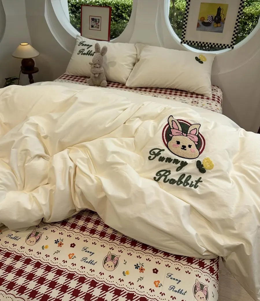 

Sweet embroidery rabbit flower bedding set single double,twin full queen cotton home textile bed sheet pillow case quilt cover