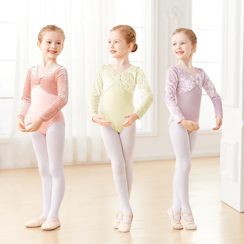 Kids Girls Ballet Leotards Long Sleeve Velvet Splice Dance Bodysuits Nylon Warm Ballet Dance Costumes