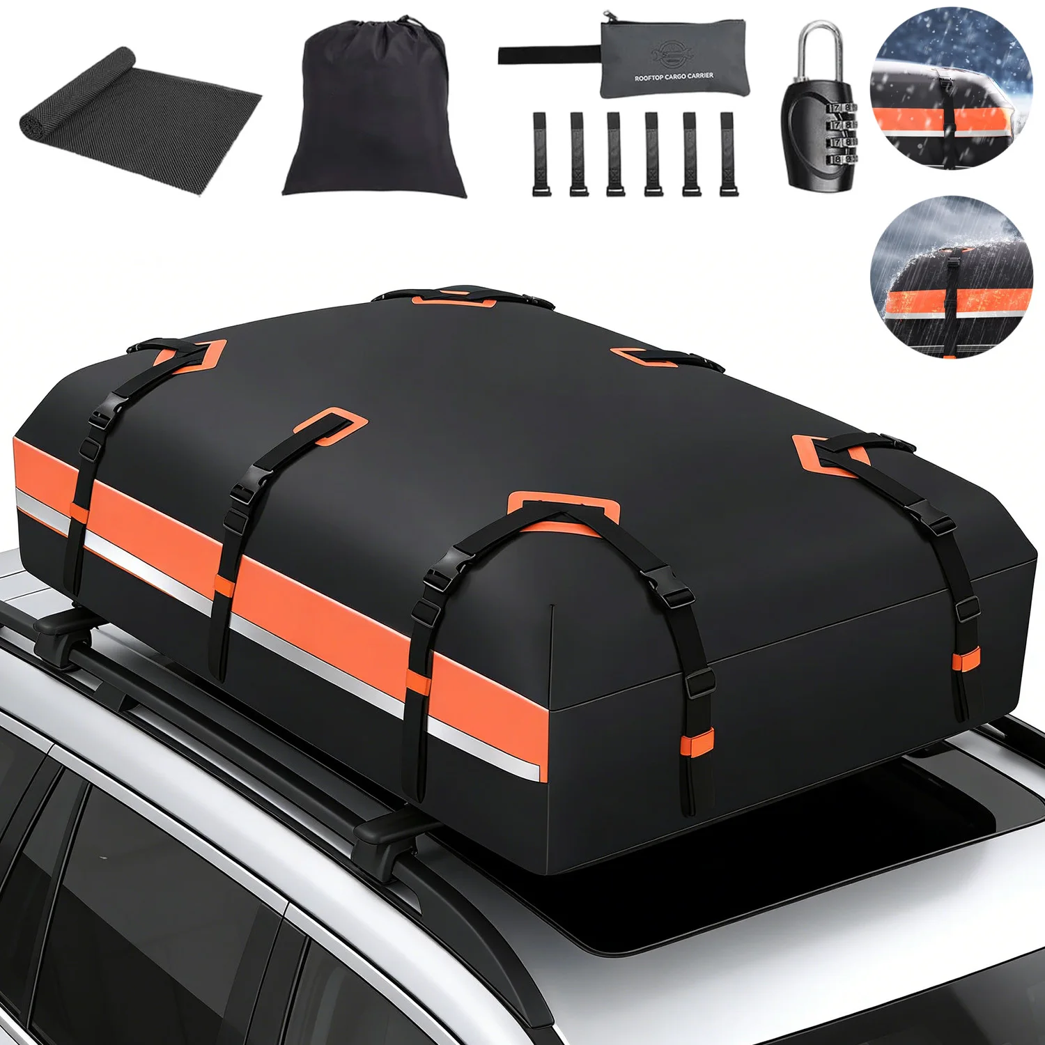 Sac de transport de toit de voiture imperméable 21 pieds cubes pour toutes les voitures |   avec tapis antidérapant, serrure à combinaison pour bagages, sangles renforcées et crochets de porte, pour SUV, Jeep, berline, camionnette, hayon