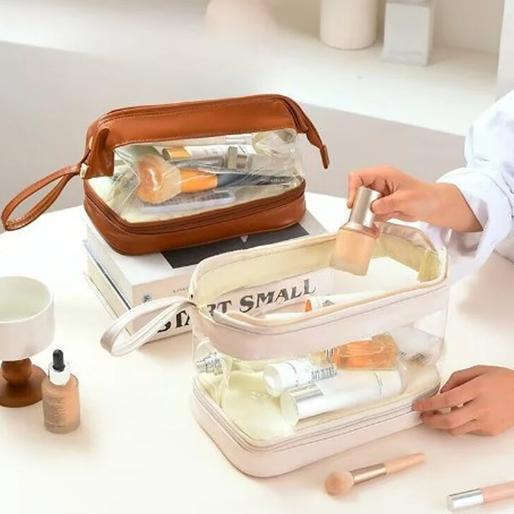 حقيبة مكياج PVC شفافة بطبقة مزدوجة، سعة كبيرة، منظم للسفر من البولي يوريثان، حقيبة مستحضرات التجميل المقاومة للماء، حقيبة أدوات الزينة المحمولة للنساء