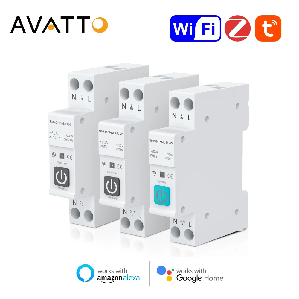 AVATTO Tuya WIFI/ZigBee Smart Circuit Breaker With Metering,Smart Home Wireless Remote Control Switch,Work for Alexa Google Home