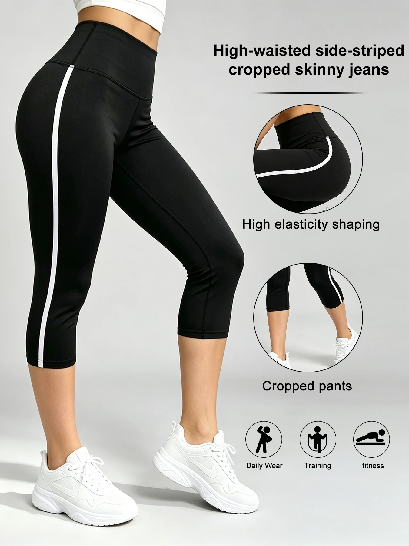 Women's High Waisted Capri Yoga Leggings with Side Stripe, Stretchy Tummy Control Workout Cropped Pants for Gym Fitness Running
