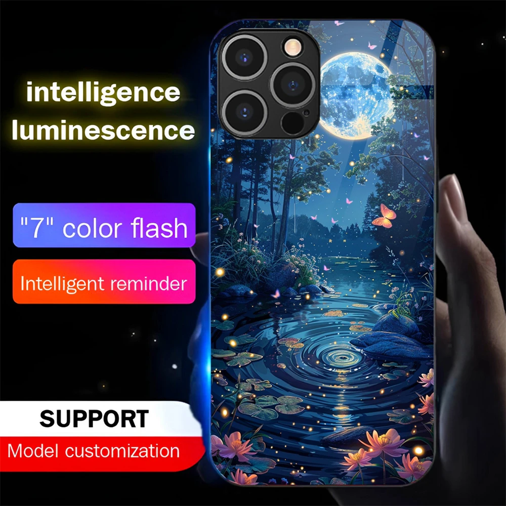 

Pretty Dreamy Forest Smart Led Light Call Up Luminous Tempered Glass Phone Case For iPhone 16 E 15 14 13 12 11 Pro Max X XS XR