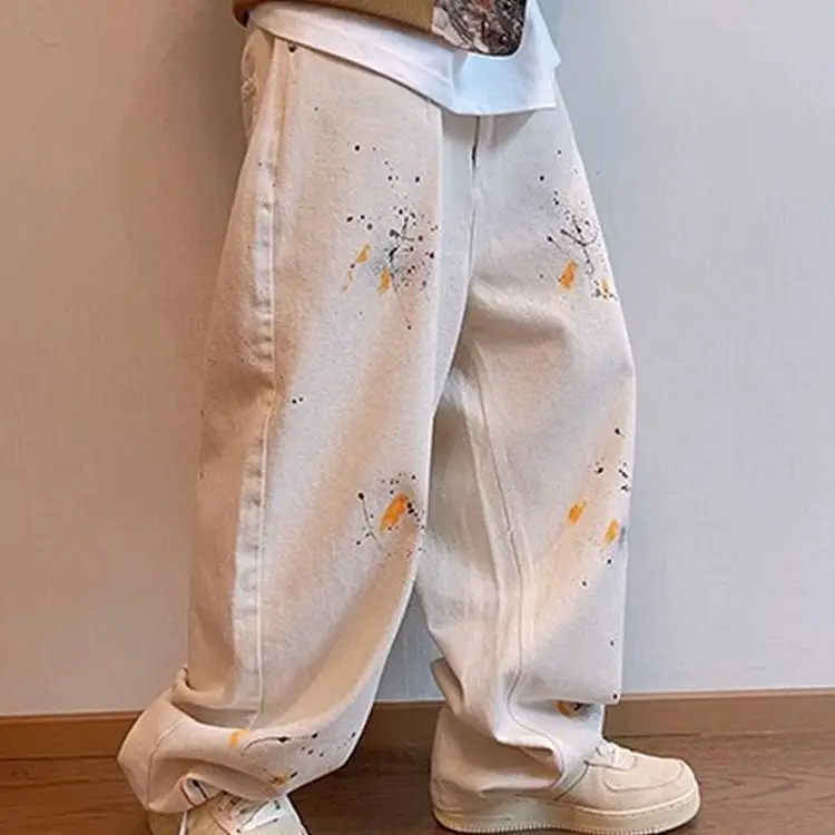 

Womens Graffiti Print Jeans Boyfriend Loose Straight Leg Casual Beige White Denim Pant @ harajuku streetwear y2k hiphop bf cloth