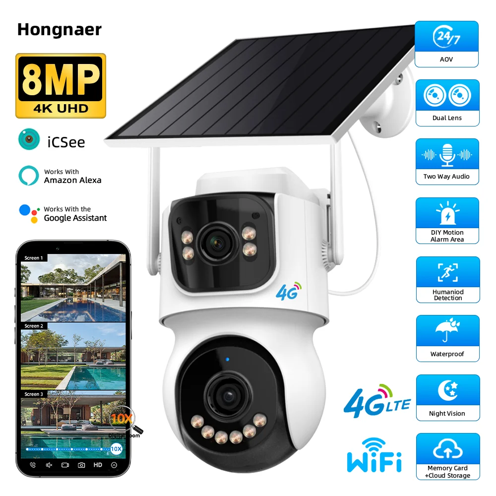 

Hongnaer 8MP 4K ICSee Dual Lens AOV 7/24 Record WiFi Wireless Smart Solar IP PTZ CCTV Outdoor Security 4G Sim Card Solar Camera