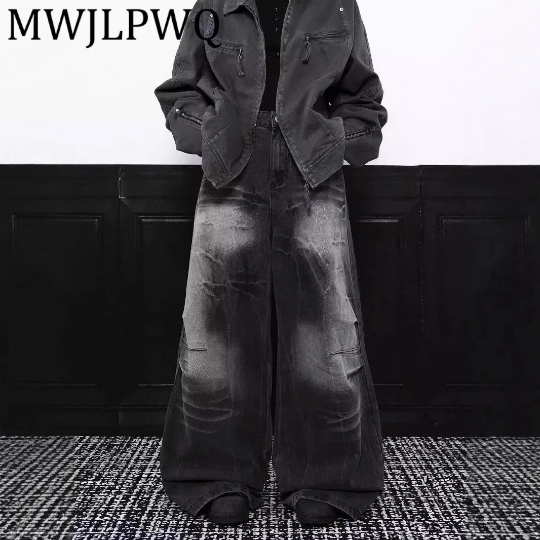 

MWJLPWQ потертые джинсы с морщинистым узором для мужчин, американские уличные тяжелые модные потертые повседневные свободные широкие брюки 12012