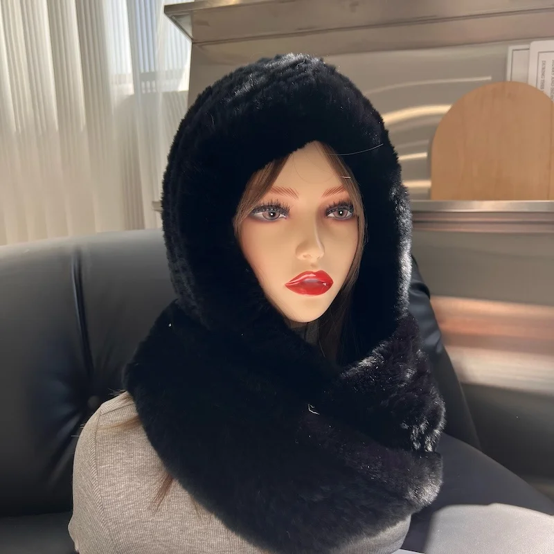 Moda inverno donna vera pelliccia berretti caldo 100% cappello di pelliccia di coniglio Casual cappello di peluche sciarpa Casual solido donne berretti sciarpa antivento Cap