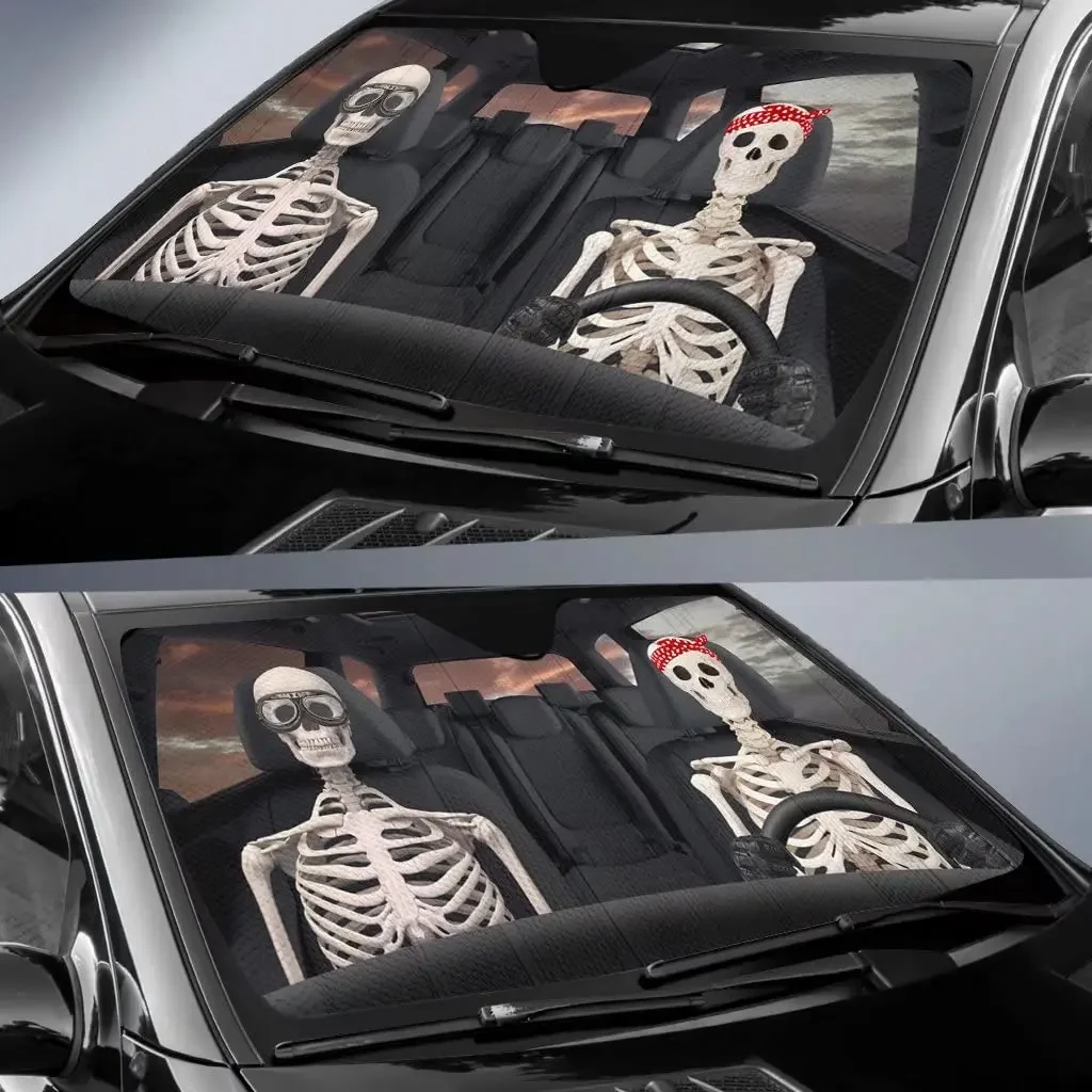 Skull Human Driver Car Sunshade Windshield Couple Skeleton Foldable Auto Halloween SUV Truck Car Sun Sun Visor Horror Windows