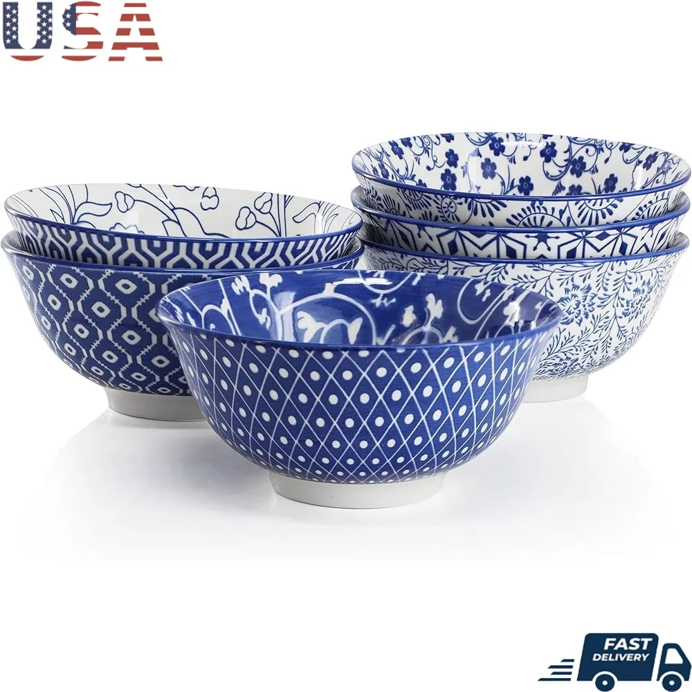 

6 Piece 20 Ounce Porcelain Footed Bowl Set Modern Dual-Tone Design Microwave Dishwasher Safe Versatile Serveware Soups Salads