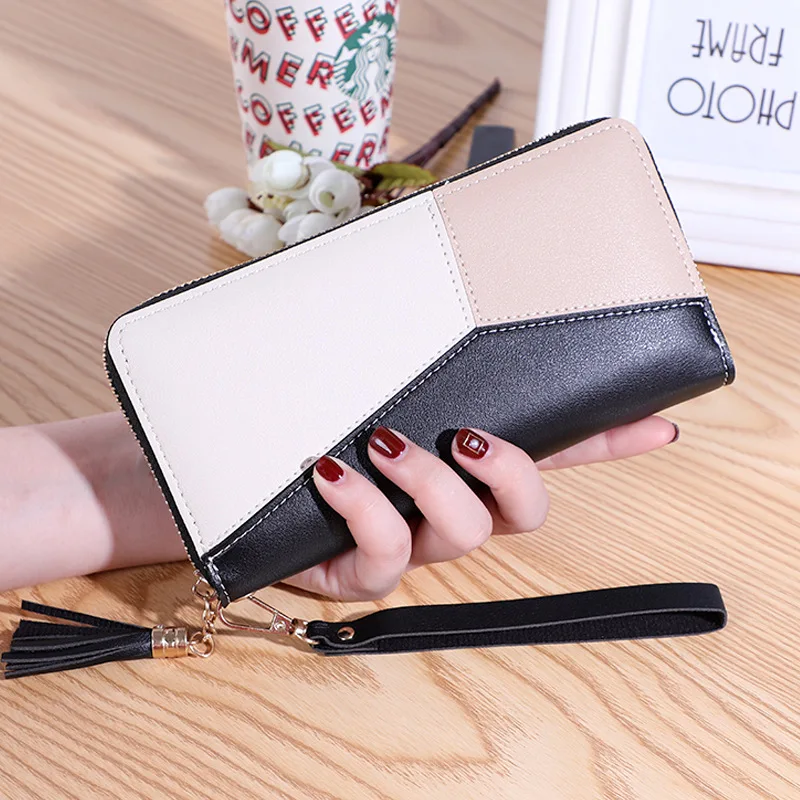 Neue trendige Damen-Geldbörse mit langer Quaste, kontrastierender Farbe, Reißverschluss, Handtasche, großes Fassungsvermögen