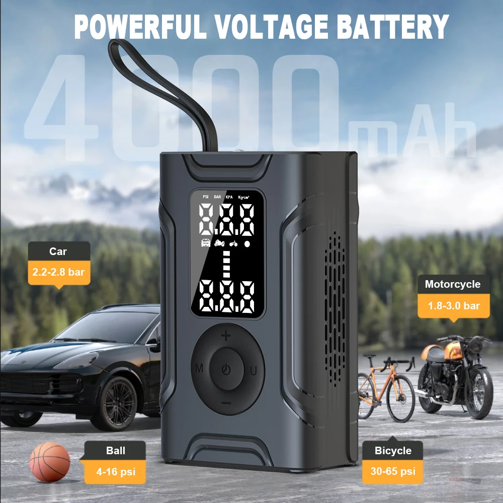 Wireless Portable Tire Inflator 4000mAh Air Pump Digital LED Auto Stop Power Bank for Car Motorcycle Bike Ball Swim Ring