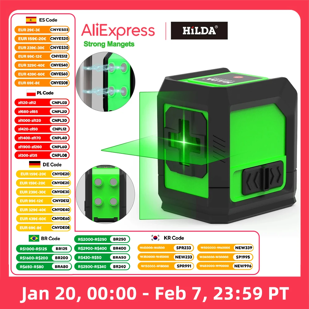 HILDA Laser Level 2-Line Green Laser Instrument With Magnet Wall Level Portable Provincial Support Cross Laser Instrument