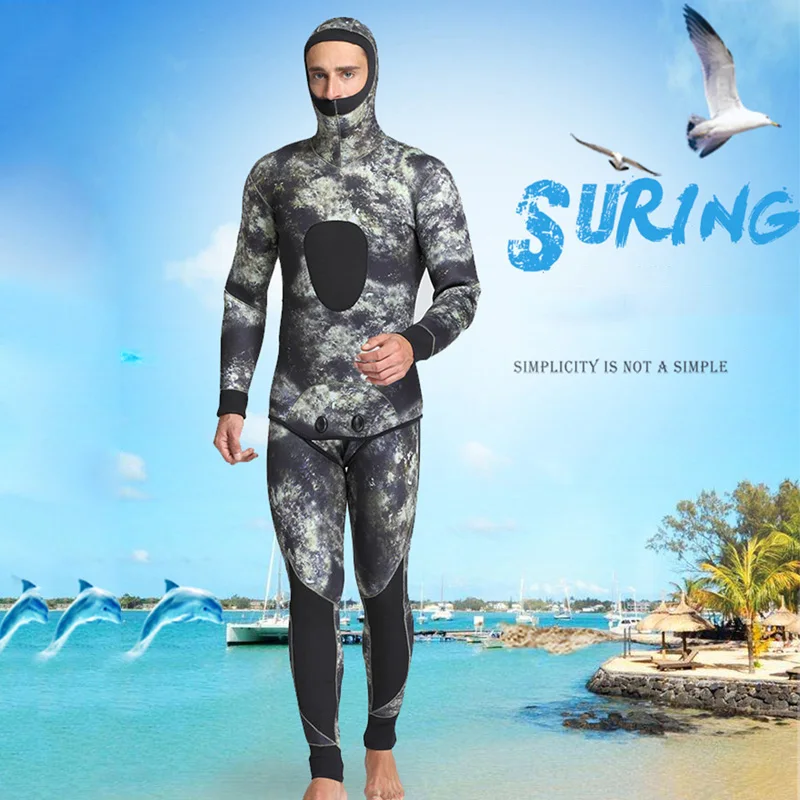 Wetsuit Men 5mm Neoprene Spearfishing Scuba Diving Suit Camouflage 2pieces Keep Warm Fishing Suit Surfers with Chloroprene