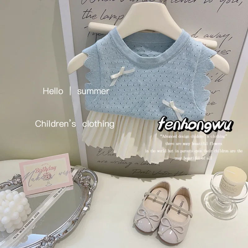 

Childrens Sets Korea Clothing Baby Summer New Blue Hollowing Out Vest Pleats Short Skirt Knitwear 2024 Round Collar Sweet