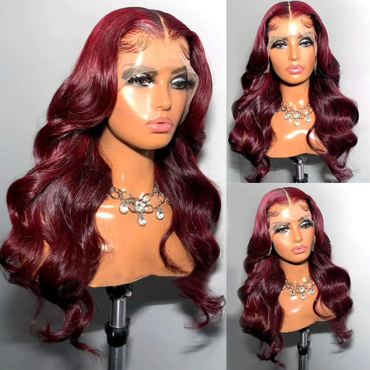 Wig Rambut Manusia Depan Renda Hd 13X4 Gelombang Tubuh 99J Merah Marun Wig Depan Renda Transparan untuk Wanita Wig Remy Berwarna Merah Brasil