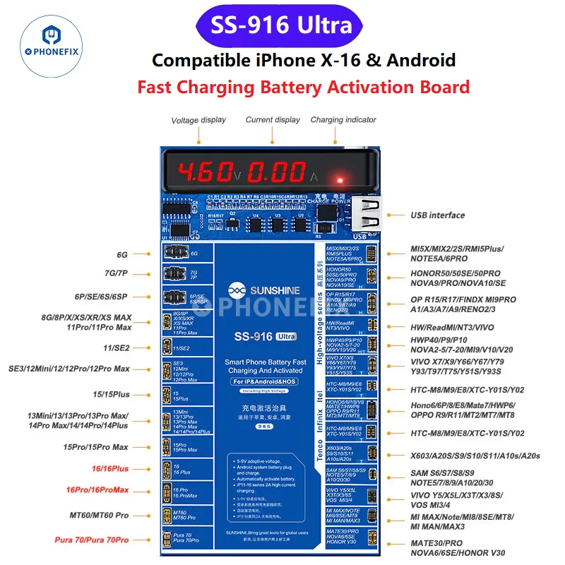 

Аккумулятор телефона, плата быстрой зарядки и активации, приспособление SS-916 Ultra для iPhone 6-16 Pro Max, Android, защита от короткого замыкания