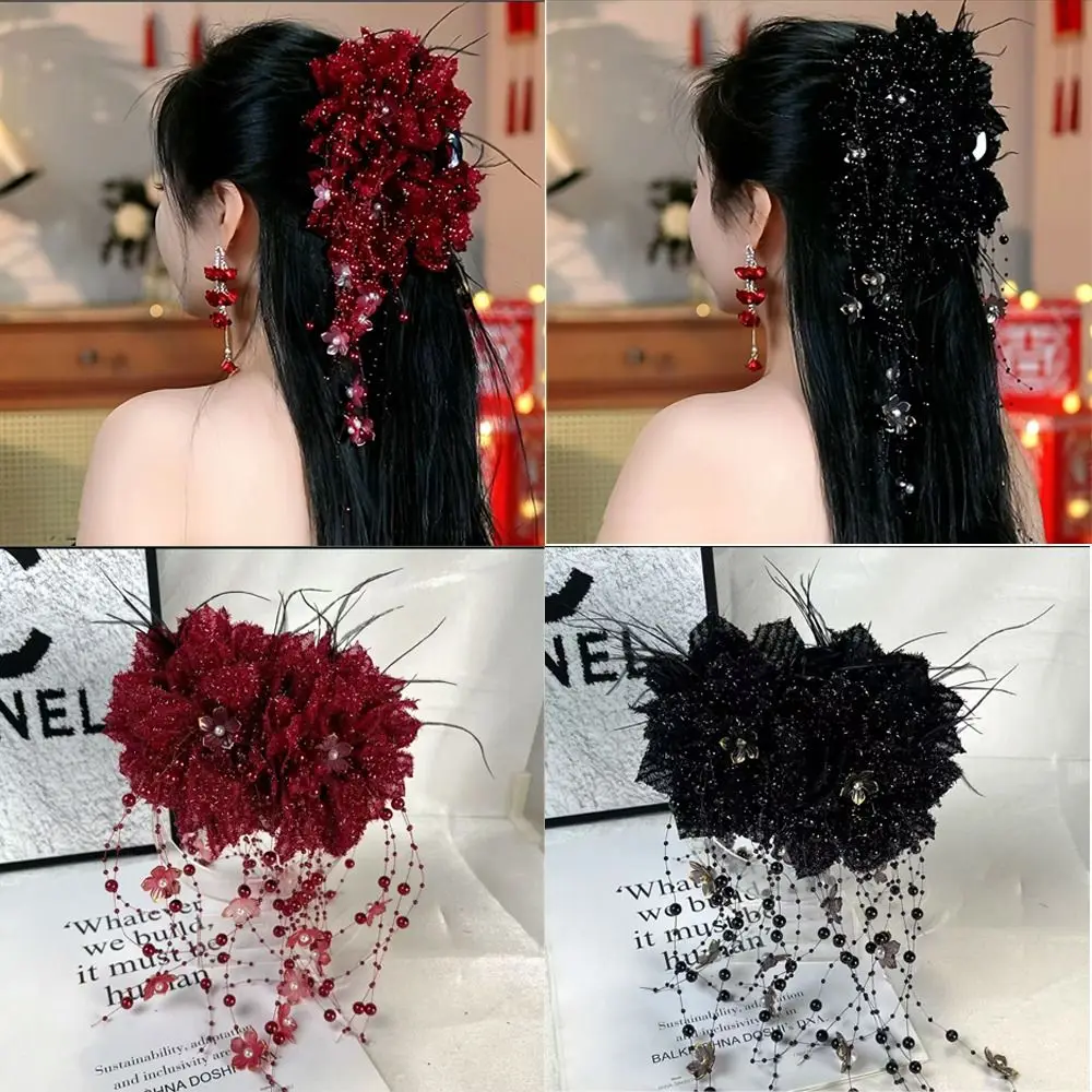 

Новая заколка для волос с цветком, большая заколка для волос с кисточкой из бисера, элегантная заколка в виде акулы для девочек