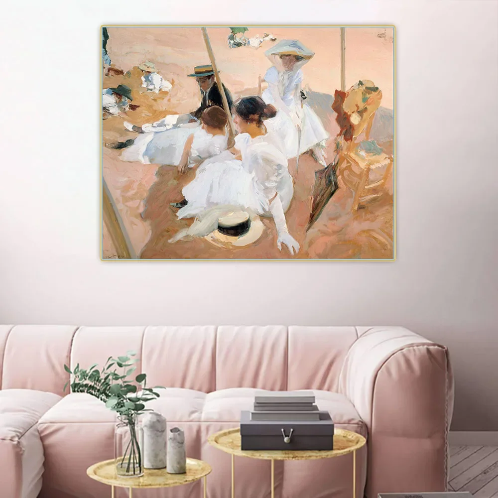 Citon Joaquin Sorolla 《 debajo del toldo, en la playa de Zarauz》 lienzo pintura al óleo imagen telón de fondo decoración de pared decoración del hogar