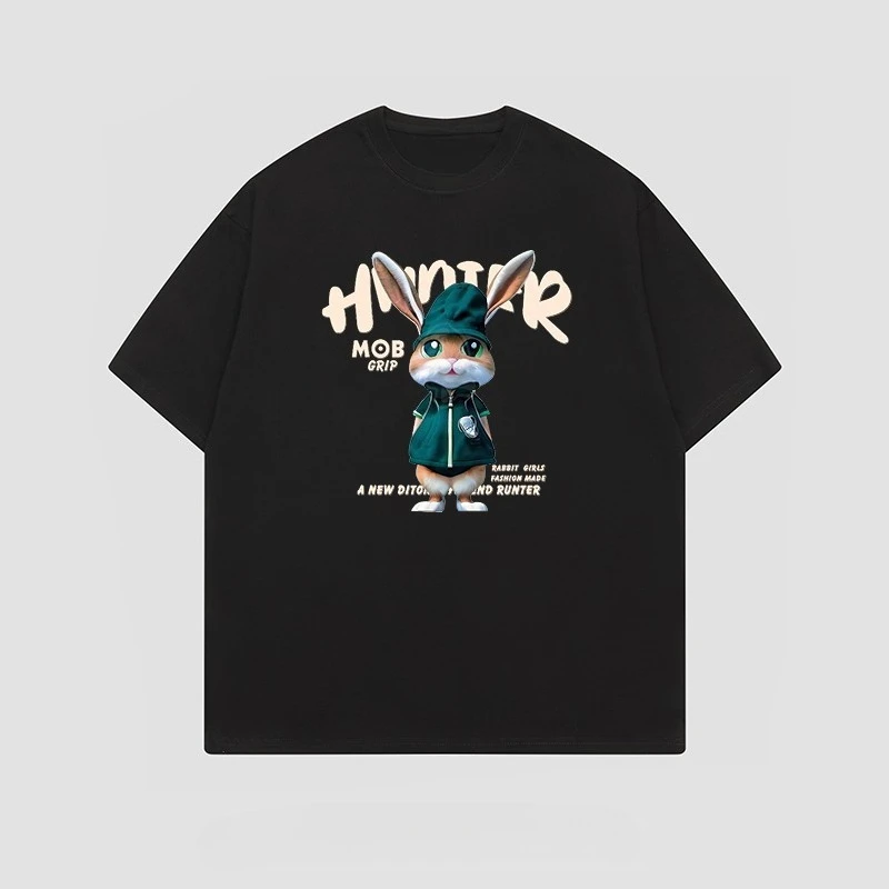 

2026 Модная женская футболка с короткими рукавами и рисунком кролика, летняя, новый стиль, американская мода, универсальная пара из чистого хлопка